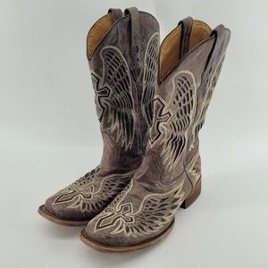 Corral Cowboy Boots Mens 9D Brown Leather Wing Cross Inlay Square Toe A B039 9